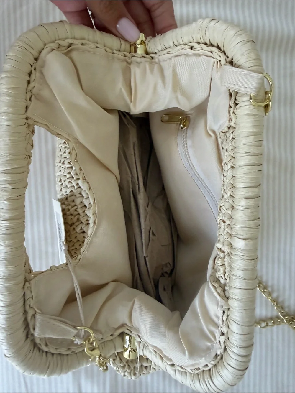 NWT Sol and Mer Ivory Woven Raffia Clutch Gold Chain Shoulder Bag